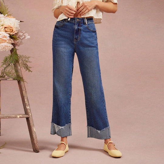 Damen Hochtaillierte Cropped-Jeans mit weitem Bein und ausgefranstem Umschlag Nord Taschen