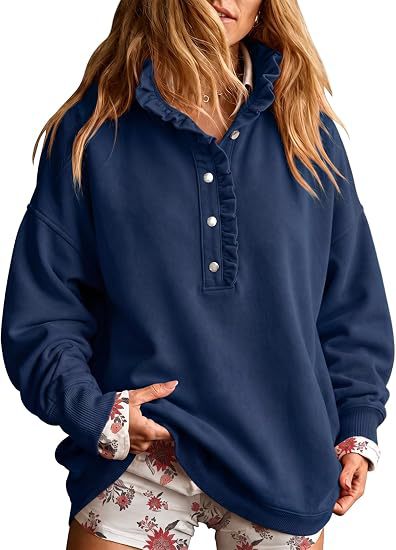 Damen Oversize-Sweatshirt mit Rüschenkragen und Druckknopfleiste Nord Taschen