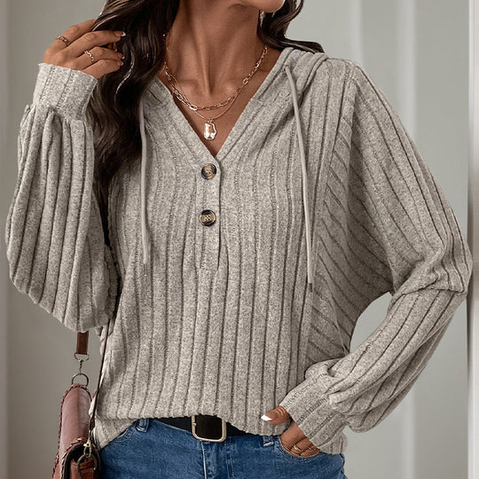 Damen Gerippter Kapuzenpullover mit Henley-Knopfleiste und leichter Cropped-Passform Nord Taschen