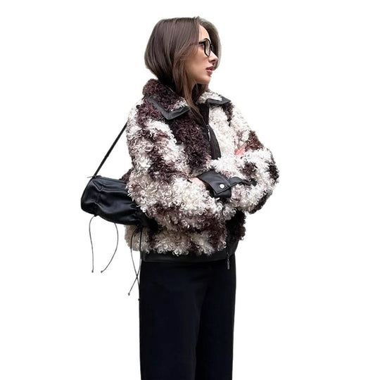 Damen Kurzblouson aus lockigem Bouclé‑Fauxfur mit Lederoptik‑Besatz Nord Taschen