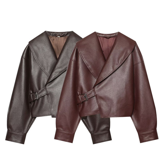 Damen Kurzer Kunstlederblouson mit weitem Schalkragen und Taillenriegel Nord Taschen