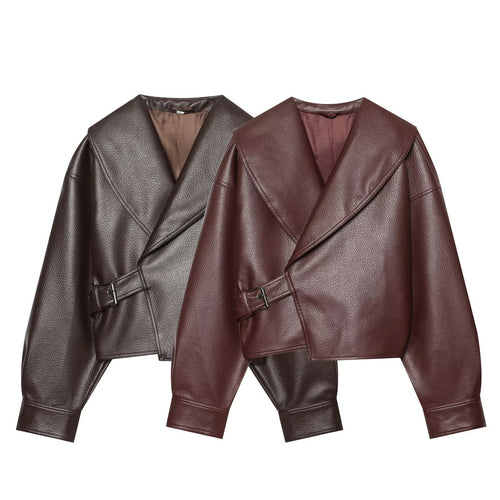 Damen Kurzer Kunstlederblouson mit weitem Schalkragen und Taillenriegel Nord Taschen