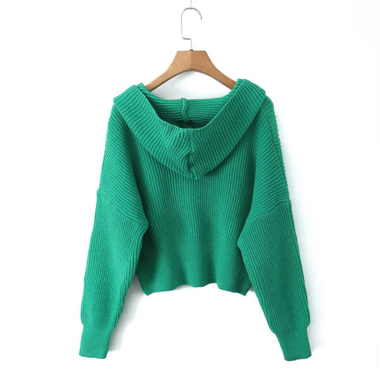 Damen Kurze Rippstrick-Cardigan mit weitem Kapuzenkragen und aufgesetzten Taschen Nord Taschen