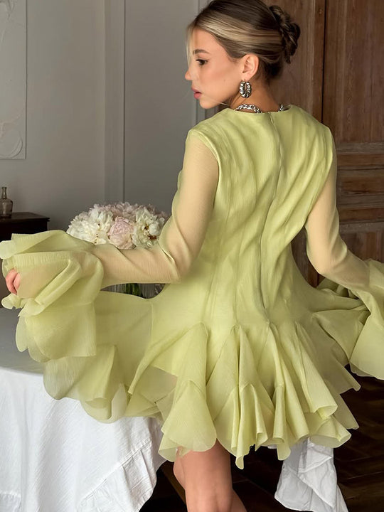 Damen Rüschen‑Chiffon‑Minikleid mit Volants und transparenten Ärmeln Nord Taschen