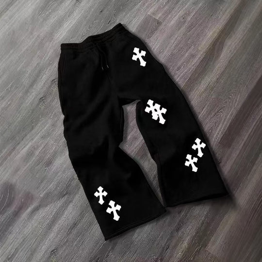 Herren Weite Sweatpants mit Gothic-Kreuz-Print, Tunnelzug & Tiefer Schritt Nord Taschen