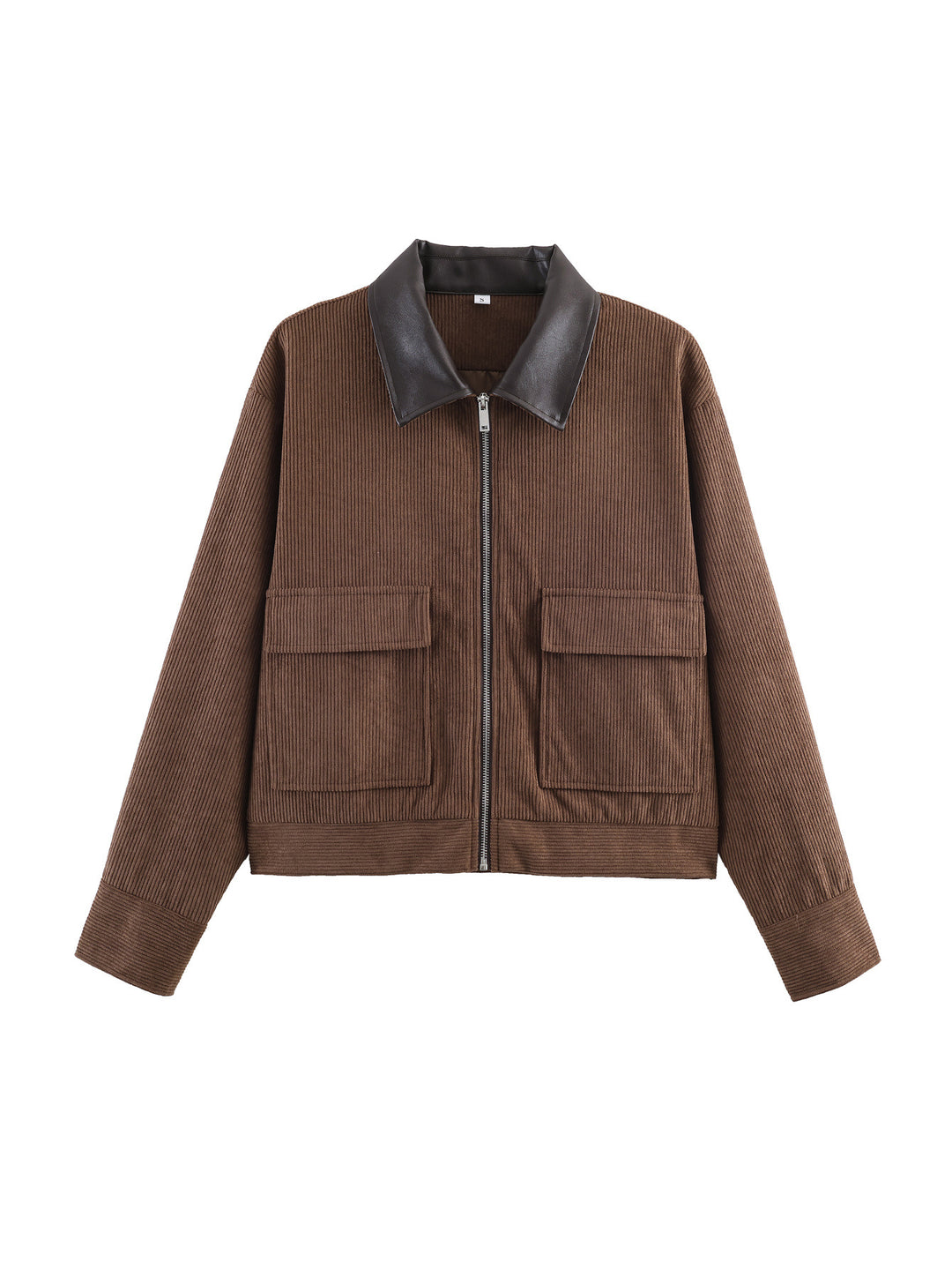 Damen Cropped-Kord-Strickjacke mit markanter Rippenstruktur, Kunstleder-Umlegekragen und Pattentaschen Nord Taschen