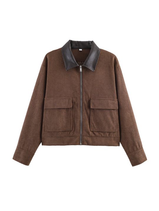 Damen Cropped-Kord-Strickjacke mit markanter Rippenstruktur, Kunstleder-Umlegekragen und Pattentaschen Nord Taschen