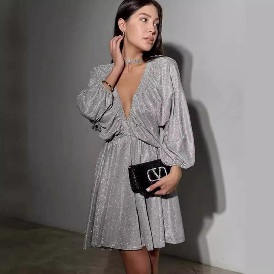 Damen Glitzerndes Abendkleid mit tiefem V Ausschnitt, Ballonärmeln und taillenbetonter Glockenrock Nord Taschen