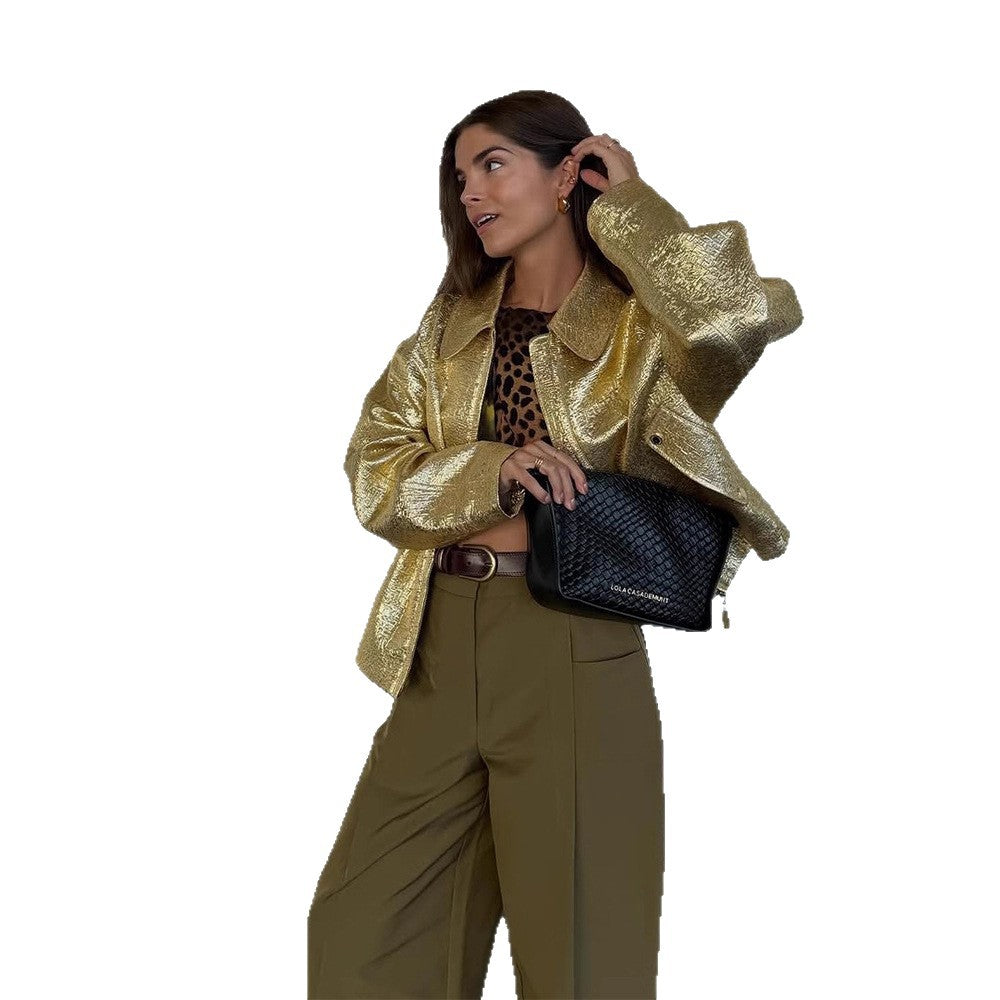 Damen Kurze strukturierte Metallic-Bomberjacke mit Boxy‑Silhouette Nord Taschen