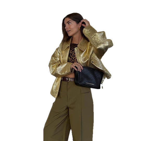 Damen Kurze strukturierte Metallic-Bomberjacke mit Boxy‑Silhouette Nord Taschen