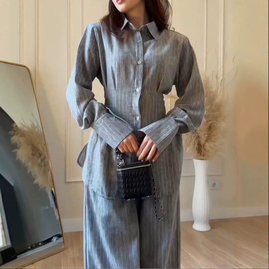 Damen Leichtes Leinen-Loungewear-Set mit Oversize-Hemd und weiter Bundhose Nord Taschen