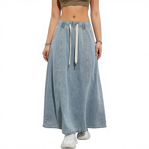 Damen Langer A-Linien Jeansrock mit elastischem Bund und Kordel Nord Taschen