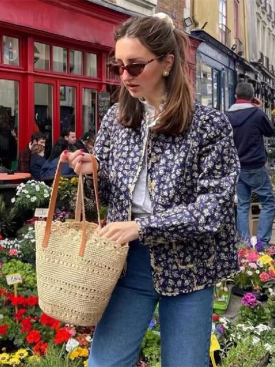 Damen Steppjacke mit floralem Allover‑Muster, rundem Ausschnitt und aufgesetzten Taschen Nord Taschen