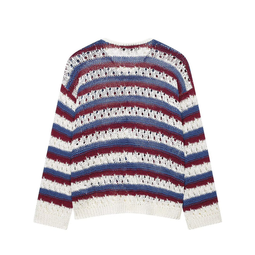 Damen gestrickte Cardigan im Ajour‑Streifenmuster mit Knopfleiste und Rundhalsausschnitt Nord Taschen