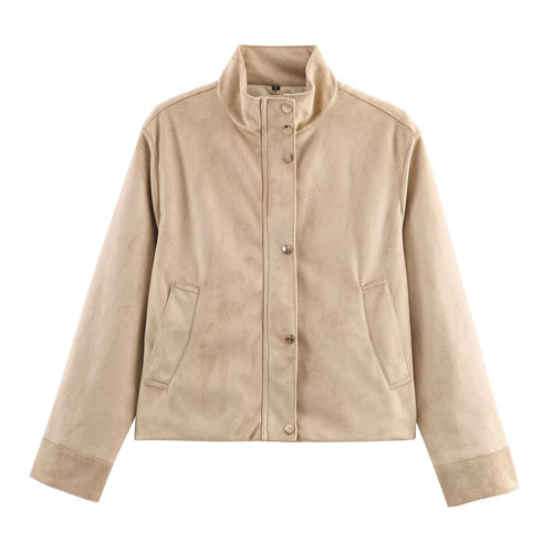 Damen Kurze Wildlederoptik-Jacke mit Stehkragen und Druckknopfleiste Nord Taschen
