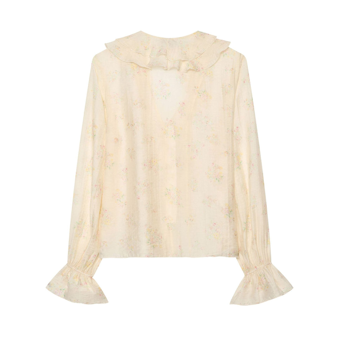 Damen Leichte Chiffonbluse mit Volantkragen V‑Ausschnitt und gerafften Manschetten Nord Taschen