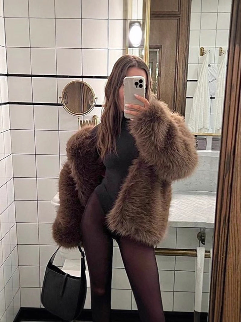 Damen Boxy-Kurzmantel aus dichtem langfaserigem Kunstpelz mit offener Front Nord Taschen
