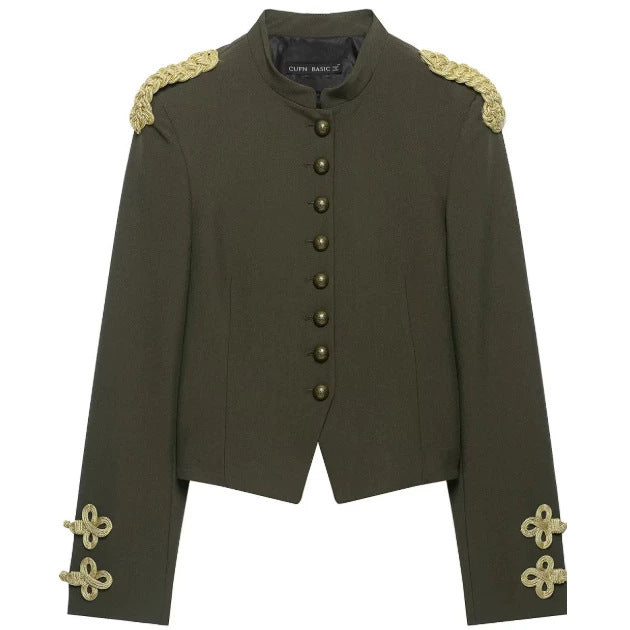 Damen Taillierter Cropped Militärblazer mit Stehkragen und goldverzierten Epauletten Nord Taschen