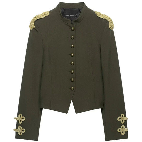 Damen Taillierter Cropped Militärblazer mit Stehkragen und goldverzierten Epauletten Nord Taschen