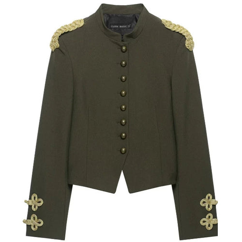 Damen Taillierter Cropped Militärblazer mit Stehkragen und goldverzierten Epauletten Nord Taschen