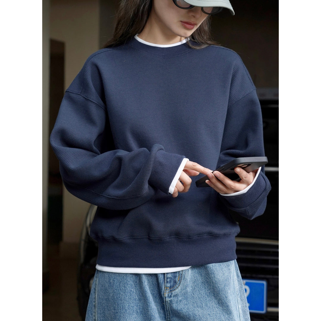 Damen Oversize Waffelstrick Sweatshirt mit Rundhals und überschnittenen Schultern Nord Taschen