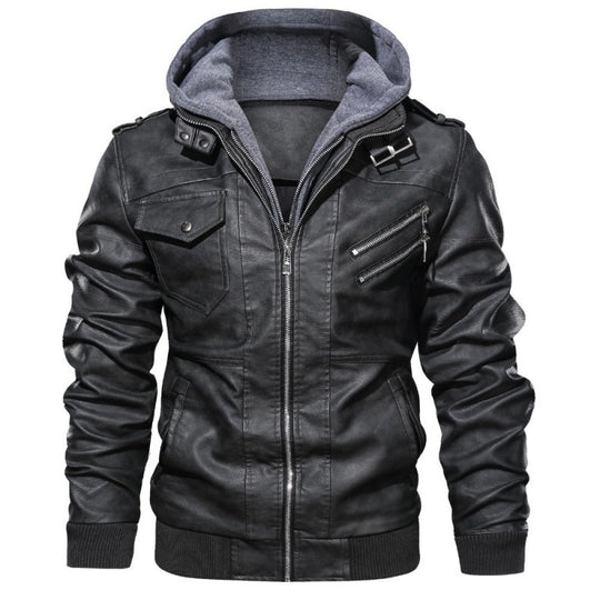 Herren Strapazierfähige Lederjacke mit abnehmbarer Kapuze Nord Taschen