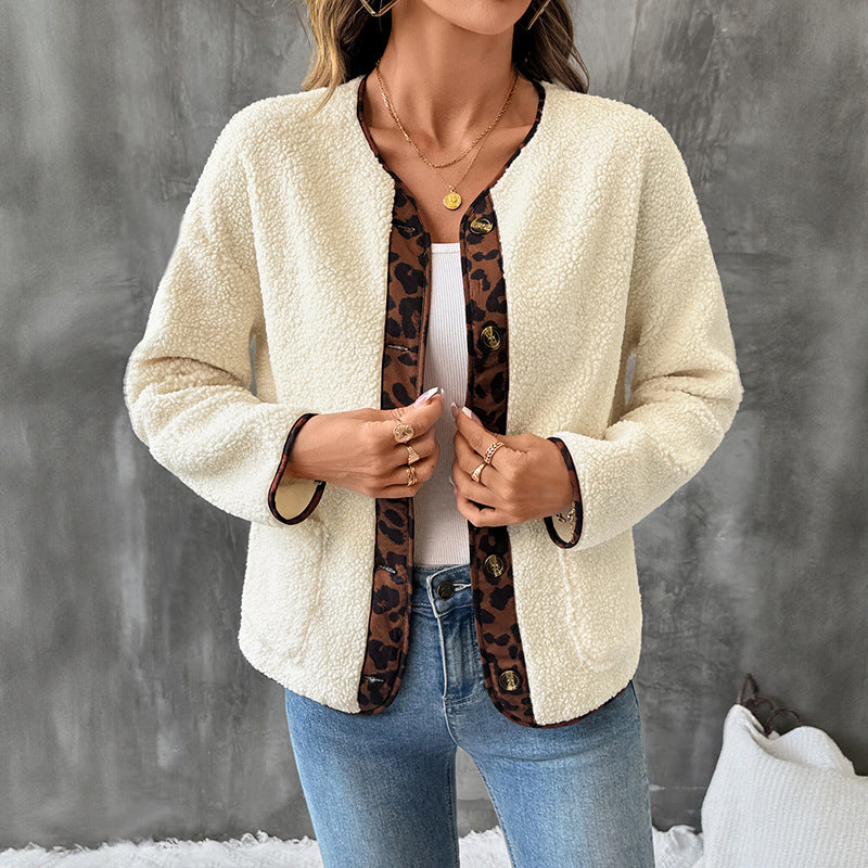 Damen Gemütlicher Teddy-Blazer mit Leopardenmuster Nord Taschen