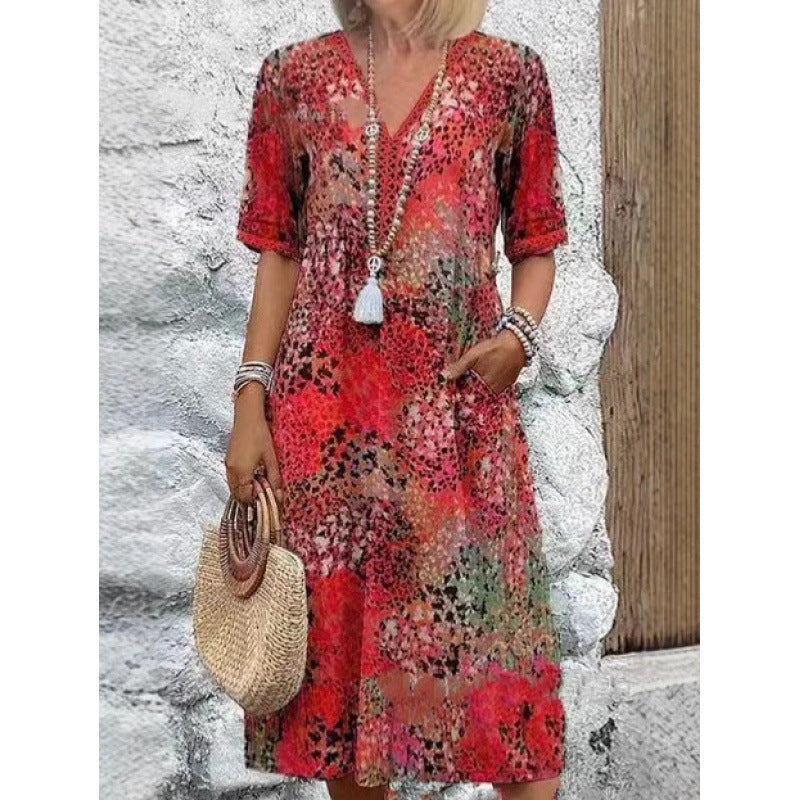 Damen Strandkleid im lässigen Stil mit Taschen und V-Ausschnitt