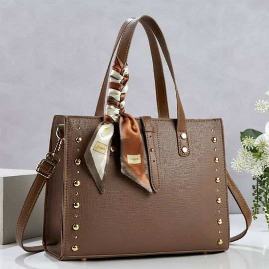 Damen elegante Tote-Handtasche mit goldenen Nieten und modischem Schal Nord Taschen