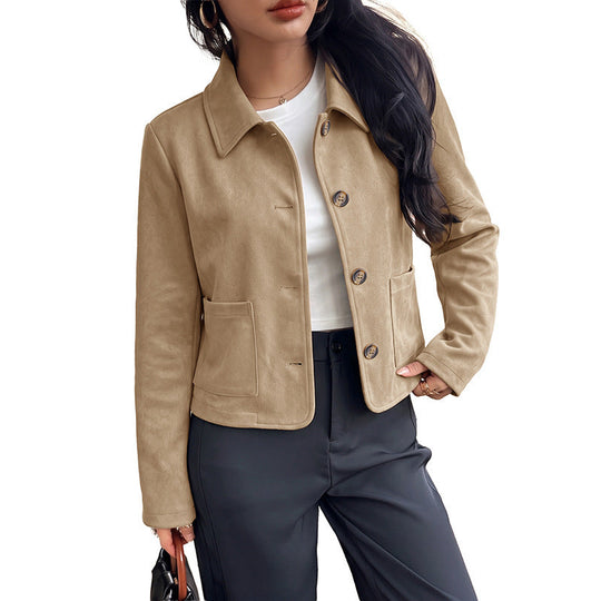 Damen Kurzjacke aus Wildleder‑Optik mit Hemdkragen und aufgesetzten Taschen Nord Taschen