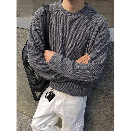 Herren Oversize Waffelstrick-Pullover mit Rundhalsausschnitt Nord Taschen