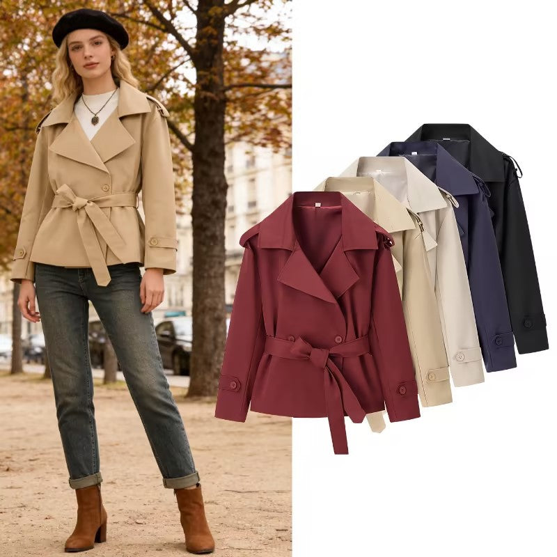 Damen Kurzgeschnittener taillierter Trenchcoat mit Bindegürtel und Schulterklappen Nord Taschen