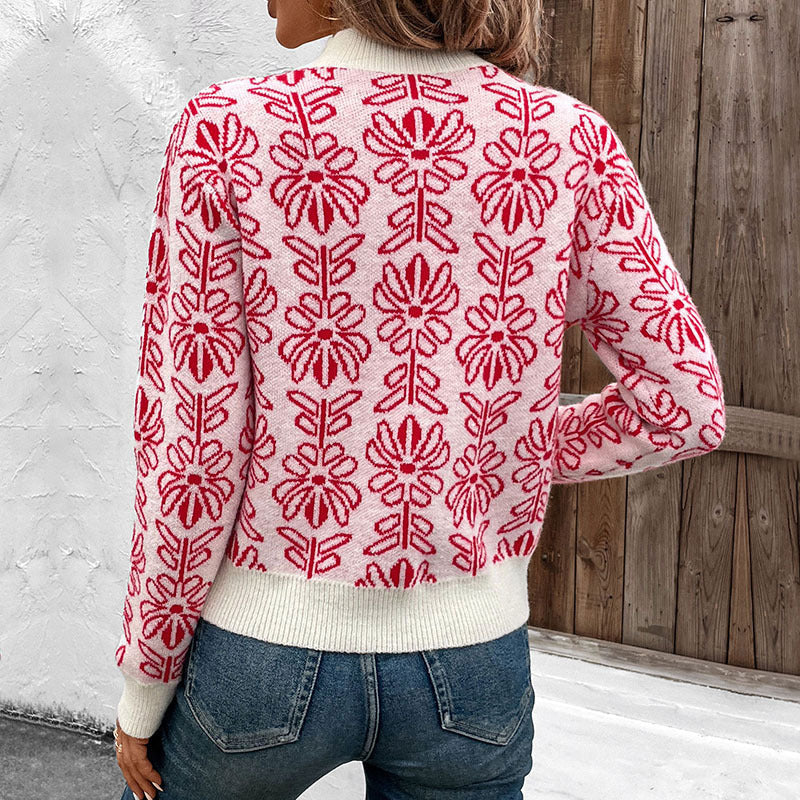 Damen Gestrickter Jacquard-Pullover mit floralem Muster und Rippbündchen Nord Taschen