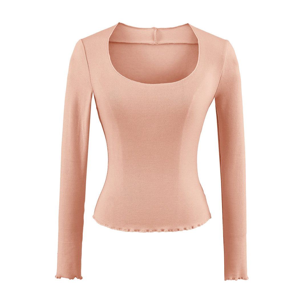 Damen Figurbetontes Langarm-Feinstrickshirt mit quadratischem Ausschnitt und Wellensaum Nord Taschen
