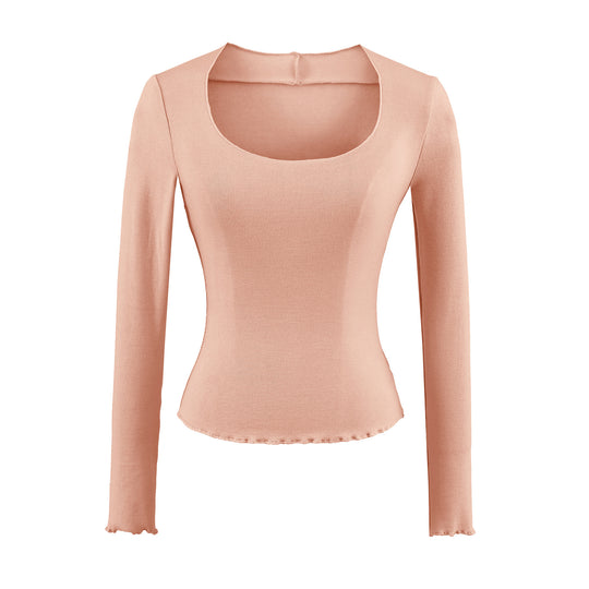 Damen Figurbetontes Langarm-Feinstrickshirt mit quadratischem Ausschnitt und Wellensaum Nord Taschen
