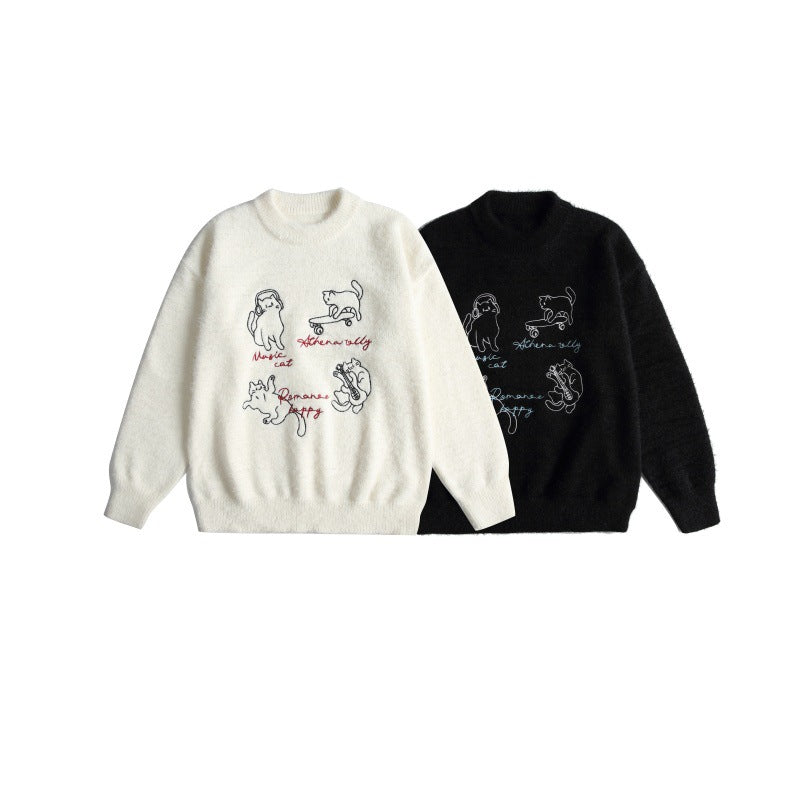 Damen Weicher Pullover mit verspielter Katzenstickerei und leichtem Stehkragen Nord Taschen