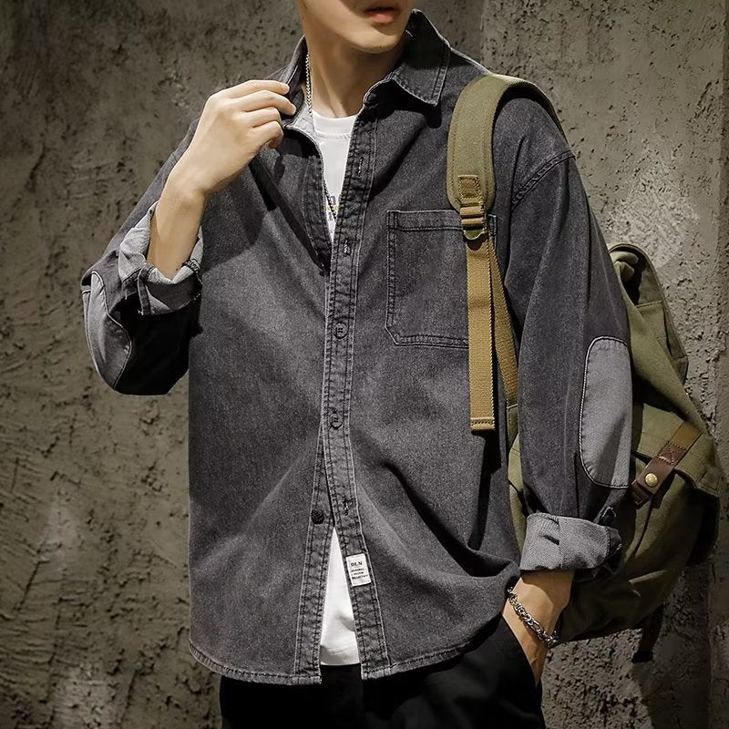 Herren Relaxed-Jeanshemdjacke im Vintage-Wash mit Ellbogen-Patches und aufgesetzter Brusttasche Nord Taschen