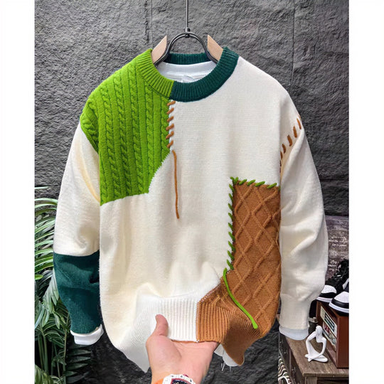 Unisex Patchwork-Oversize-Strickpullover mit Zopf- und Rautenmuster, dekorativen Kontrastnähten und Rundhalsausschnitt Nord Taschen