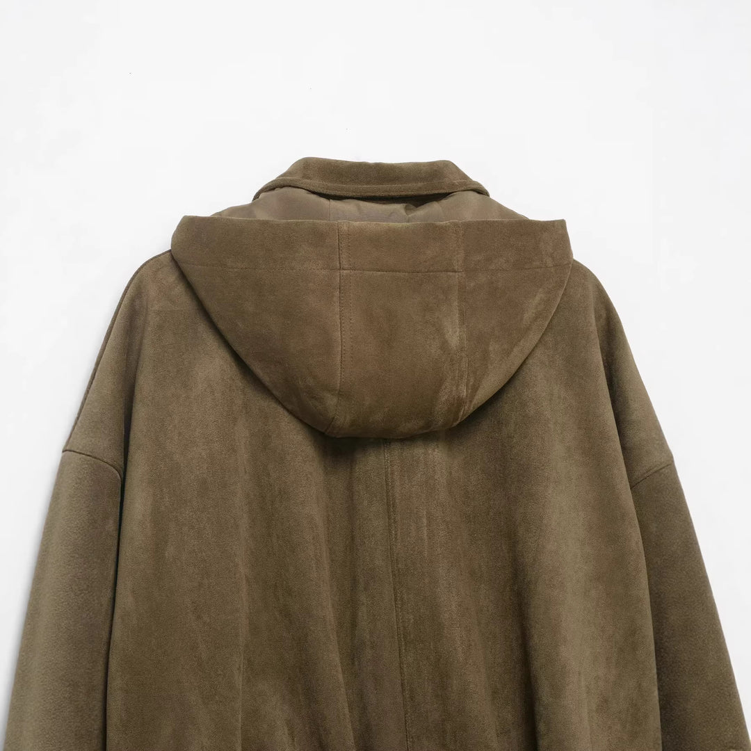 Damen Oversize-Cropped Wildlederoptik-Jacke mit Kapuze und aufgesetzten Pattentaschen Nord Taschen