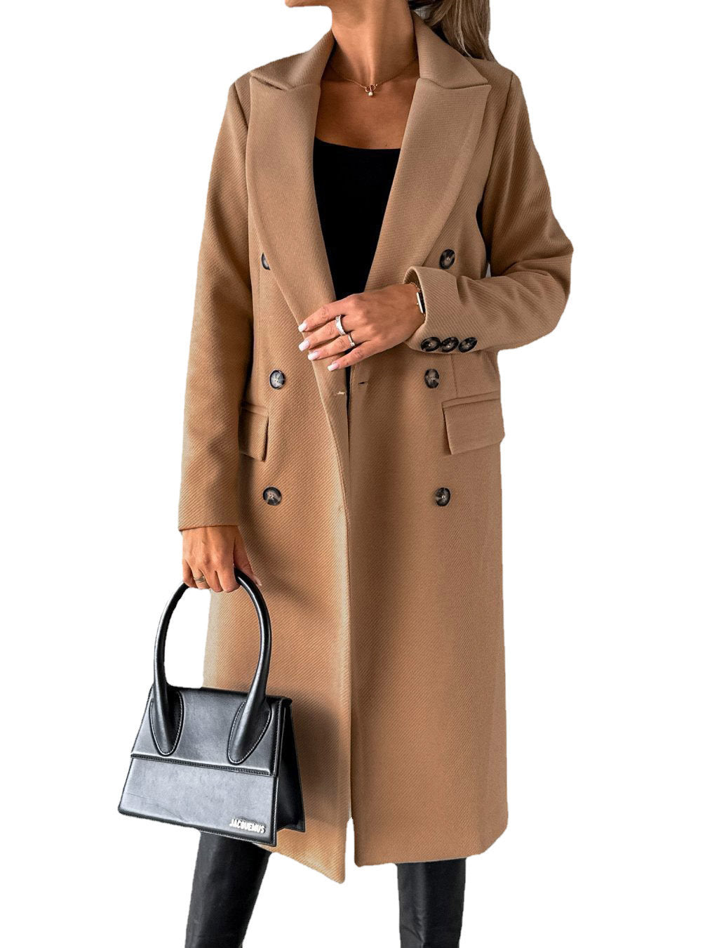 Damen Doppelreihiger Wollmantel im Longline‑Schnitt mit Reverskragen und Pattentaschen Nord Taschen
