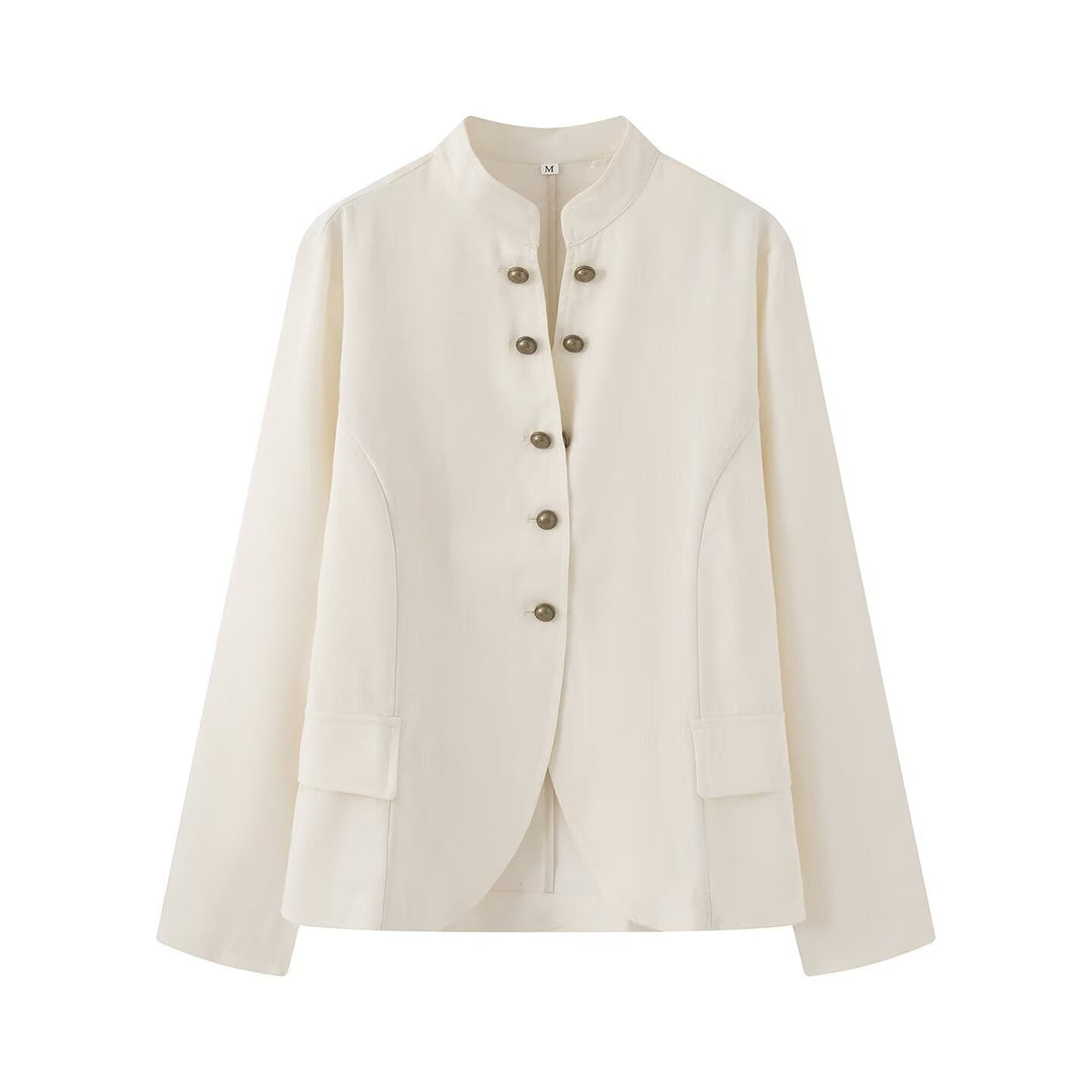 Damen Elegante Kurzjacke mit Stehkragen, Zierriegelknöpfen und Pattentaschen Nord Taschen