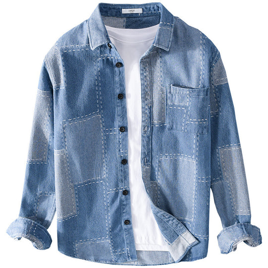 Herren Patchwork-Hemdjacke aus strukturiertem Denim mit sichtbarer Naht und Brusttasche Nord Taschen