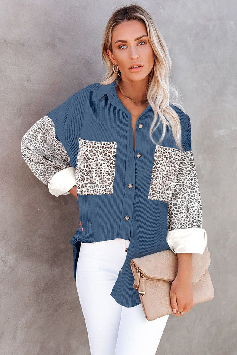 Damen Oversize-Hemdbluse mit Strukturstoff und Leo-Print Einsätzen Nord Taschen