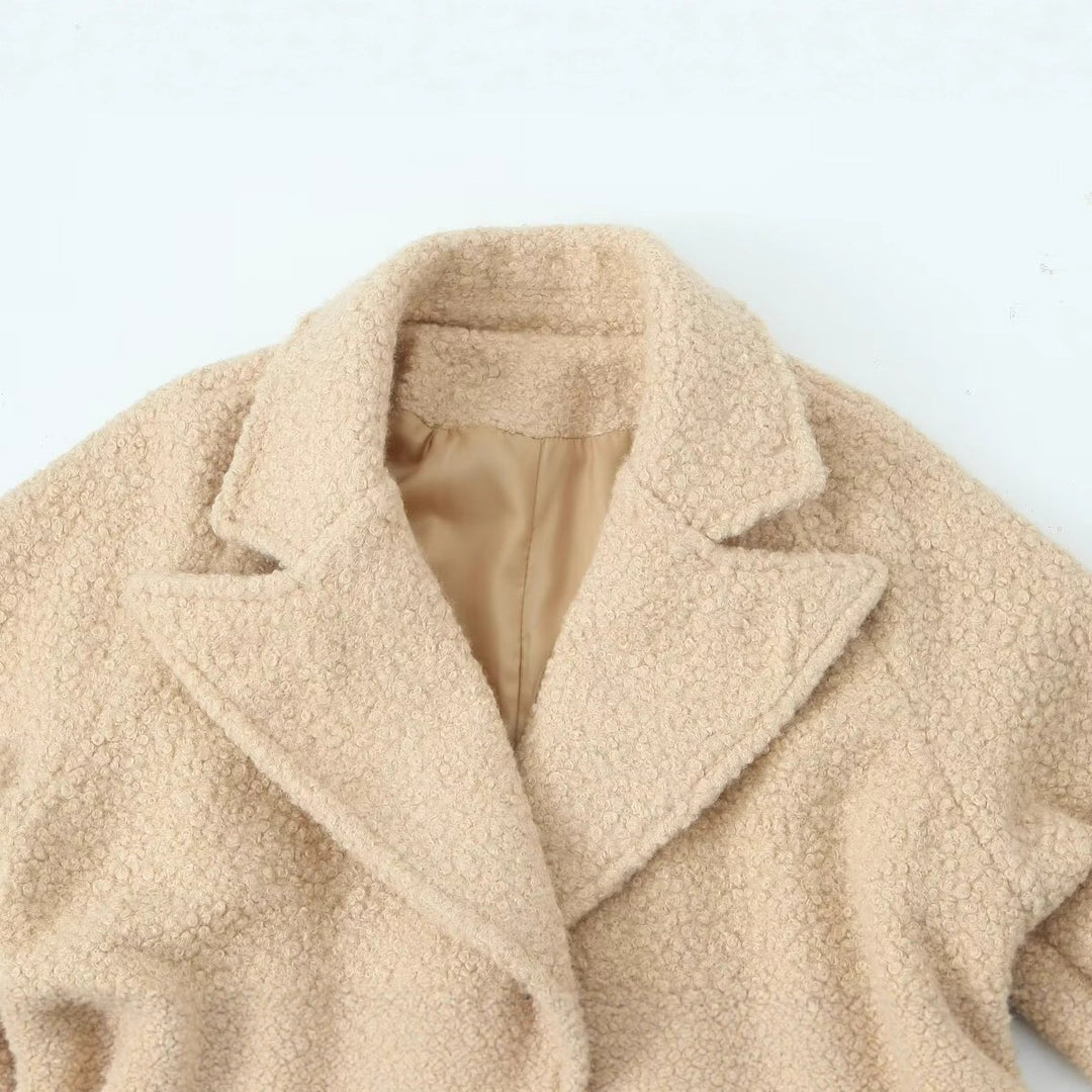 Damen Zweireihiger Teddy‑Mantel mit Bindegürtel und Schnallenärmeln Nord Taschen
