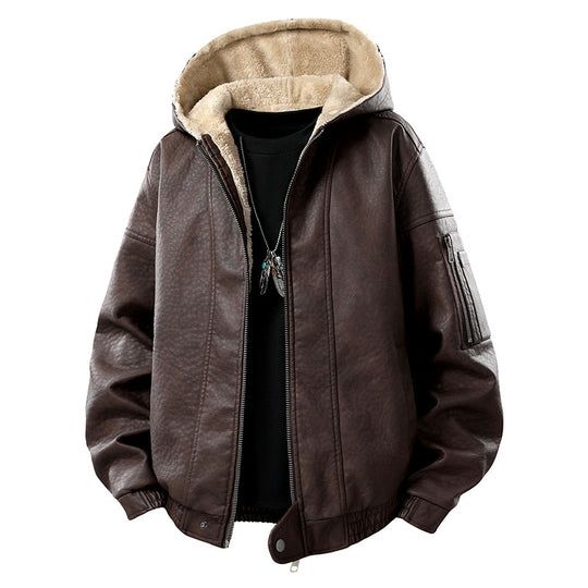 Herren Kunstleder-Bomberjacke mit Teddyfutter, Kapuze und Utility-Ärmeltasche Nord Taschen