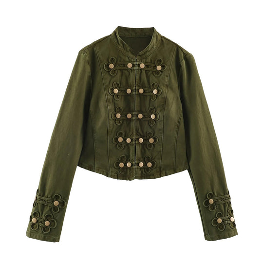 Damen Kurze Militärjacke mit Knebelverschlüssen und Stehkragen Nord Taschen