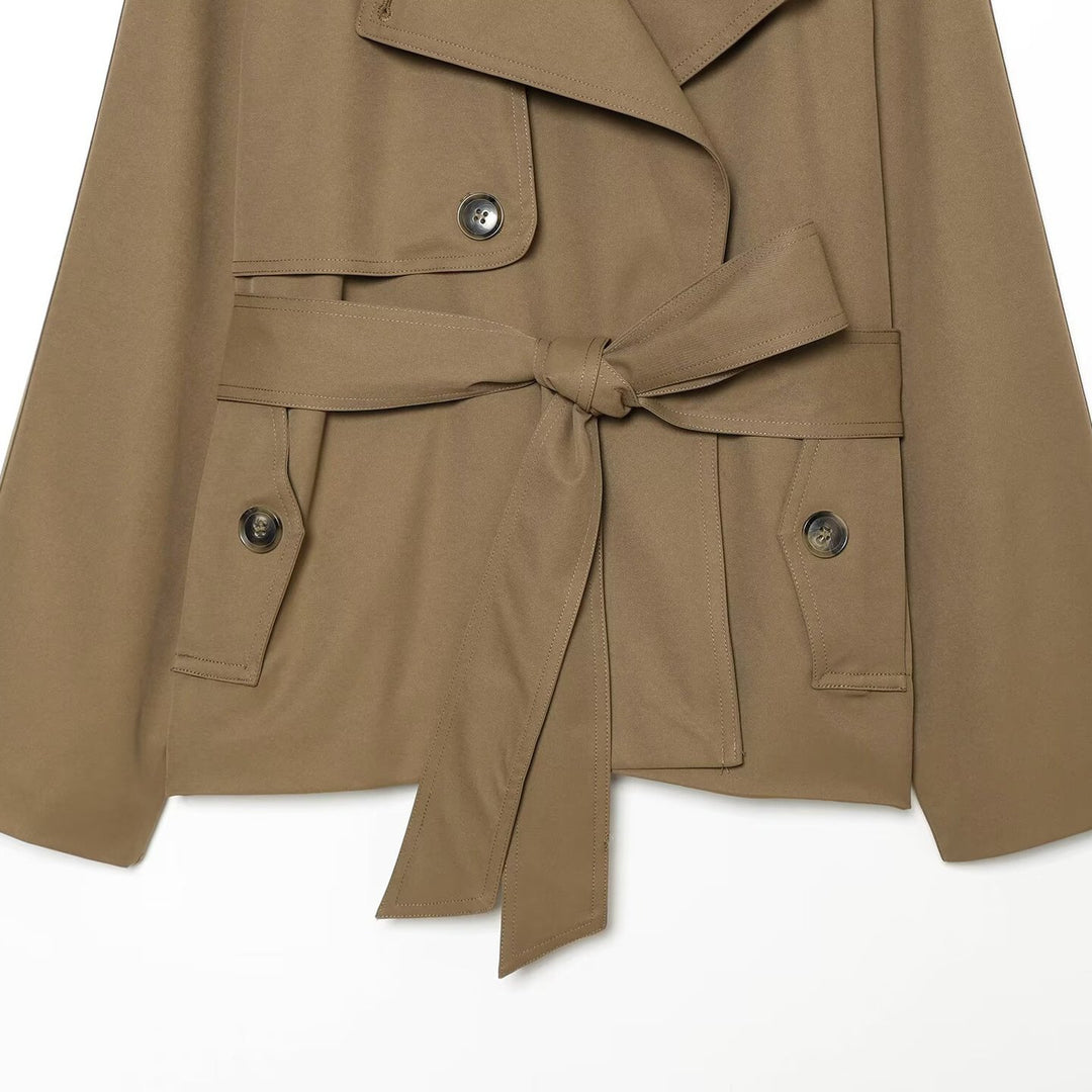 Damen Kurzer Trenchcoat mit Taillengürtel und Kontrastkragen Nord Taschen