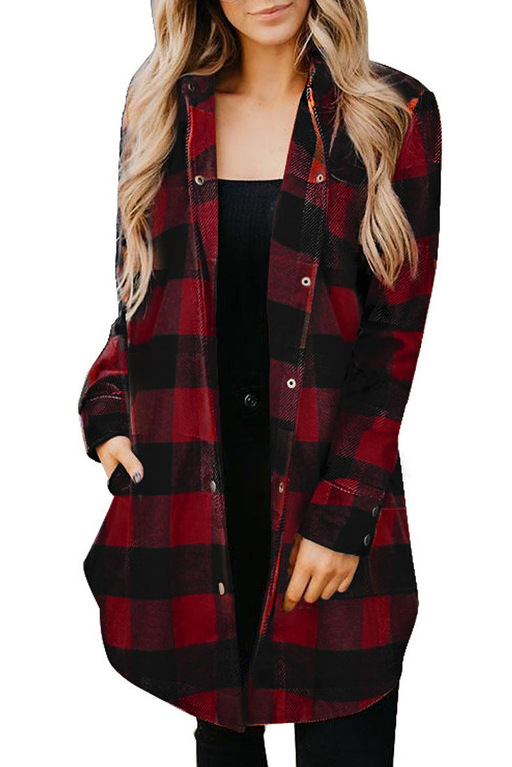Damen lässige Longbluse im Karo-Design mit Knopfleiste