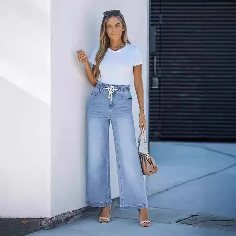 Damen hochgeschnittene Weitbein-Jeans mit Kordelbund und lässiger Culotte-Silhouette Nord Taschen