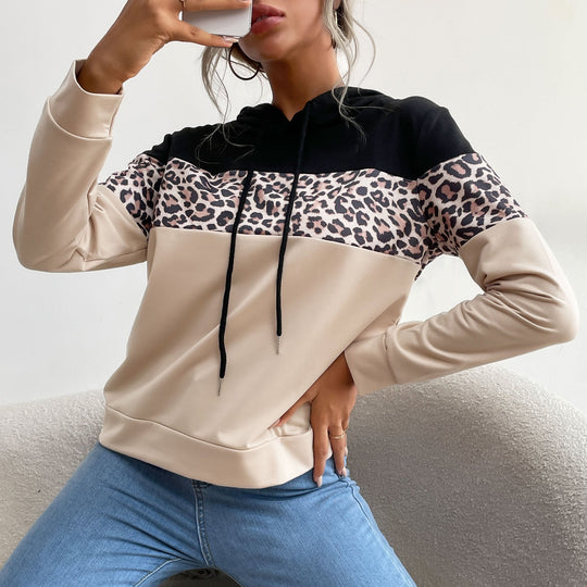 Damen Kapuzensweatshirt mit Leoprint-Besatz und Kängurutasche Nord Taschen